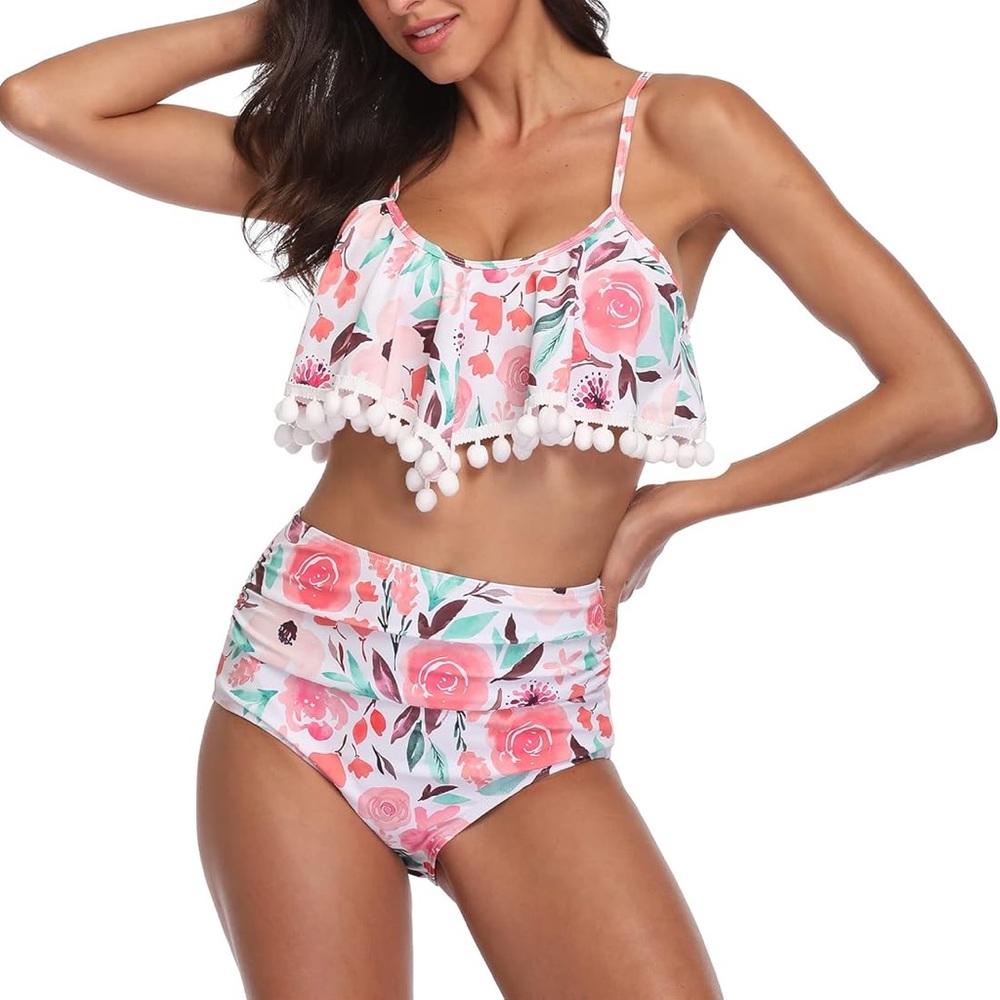Women’s Floral Ruffle Bikini Set - Pink and White High-Waisted Sz XXL NWOT